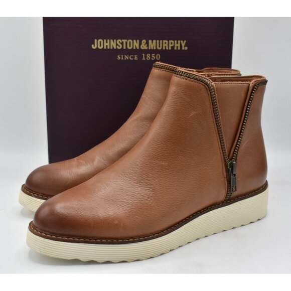Johnston & Murphy Womens Size 7 Mitzi Cognac Calfskin Brown Zipper Booties Boots - Picture 1 of 12
